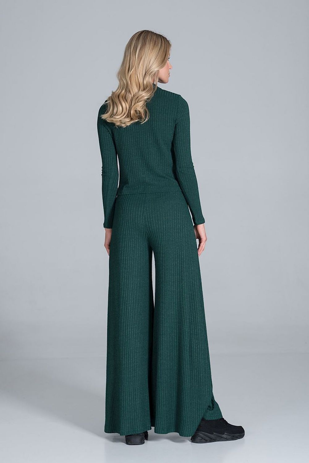 Figl Women's Luxury Ribbed Knit Blouse With Collar and Front Zip Fastening, Long Sleeves - Back view of a model displaying the sophisticated dark green ribbed knit ensemble.