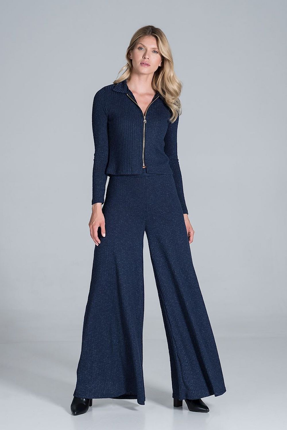 Figl Women's Luxury Ribbed Knit Blouse With Collar and Front Zip Fastening, Long Sleeves, model wearing the blouse with matching trousers in navy.