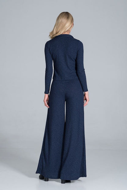 Figl Women's Luxury Ribbed Knit Blouse With Collar and Front Zip Fastening, Long Sleeves, model's back view in navy outfit.
