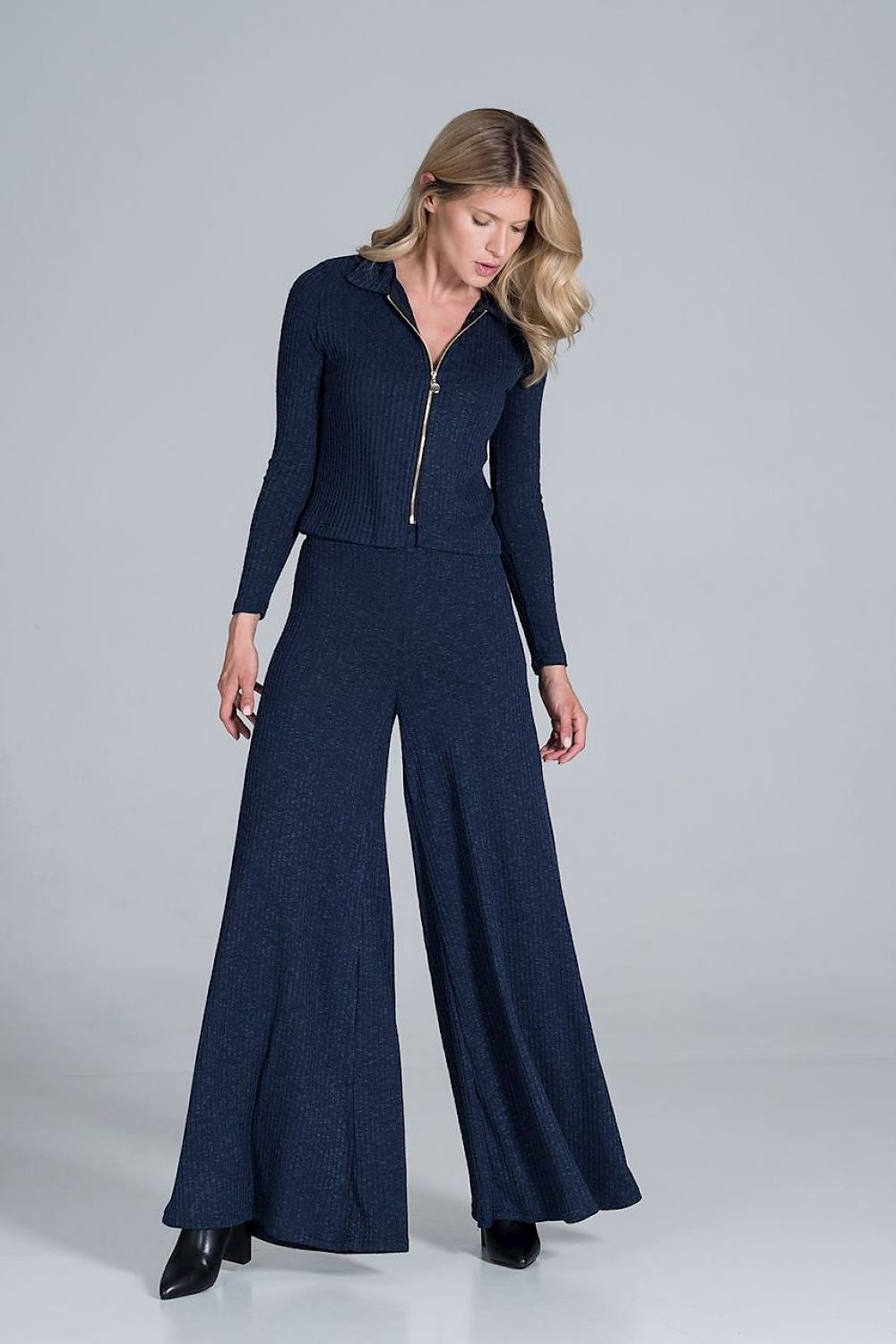 Figl Women's Luxury Ribbed Knit Blouse With Collar and Front Zip Fastening, Long Sleeves, model elegantly posing in navy ensemble.