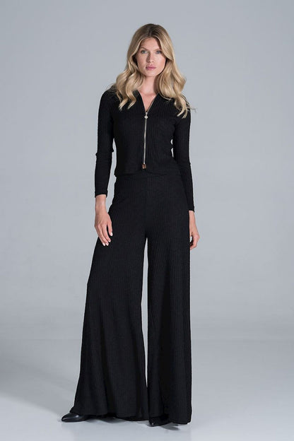 Figl Women's Luxury Ribbed Knit Blouse With Collar and Front Zip Fastening, Long Sleeves, elegantly styled with wide-legged trousers, showcased in a sophisticated black hue.