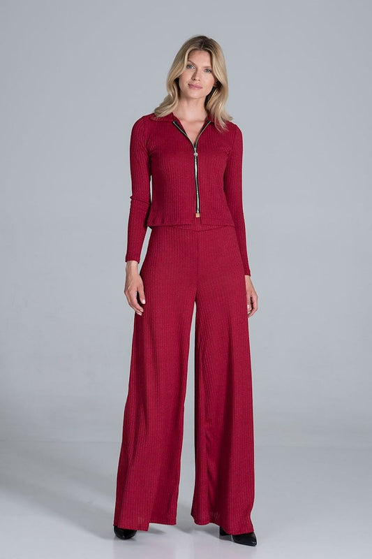 Luxurious Bell-Bottomed Trousers in Ribbed Knit with Wide Waistband by Figl showcased on a model wearing a matching deep red top, exuding elegance and sophistication.