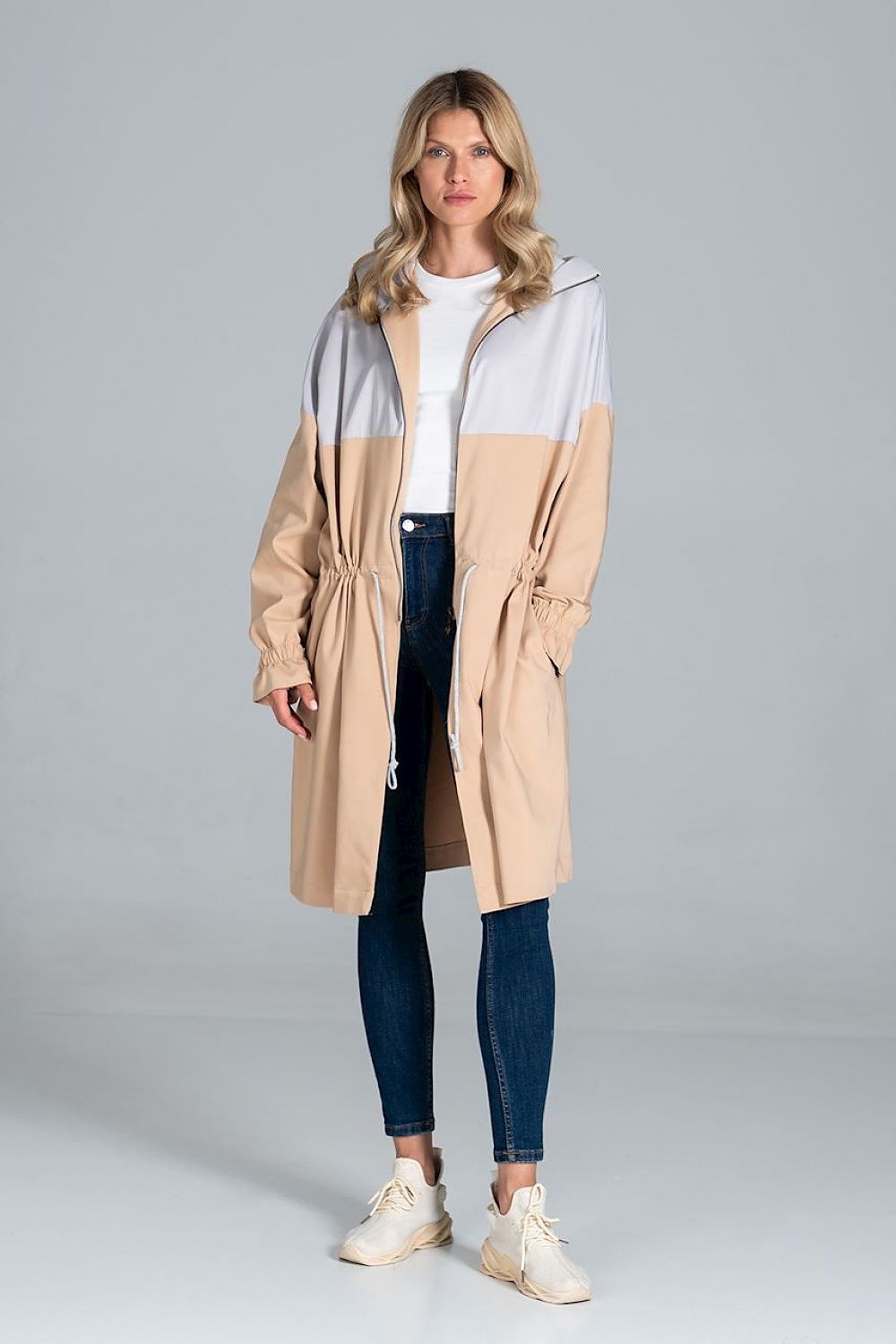 Elegant Two-Coloured Autumn Parka Coat with Drawstring Waist and Zip Fastening by Figl, styled on a model, showcasing the modern design and luxurious fabric, perfect for autumn outings.