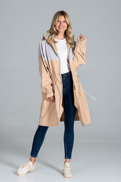 Chic and sophisticated view of the Elegant Two-Coloured Autumn Parka Coat with Drawstring Waist and Zip Fastening by Figl, highlighting its unique colour combination and stylish silhouette, ideal for trendy fashionistas.