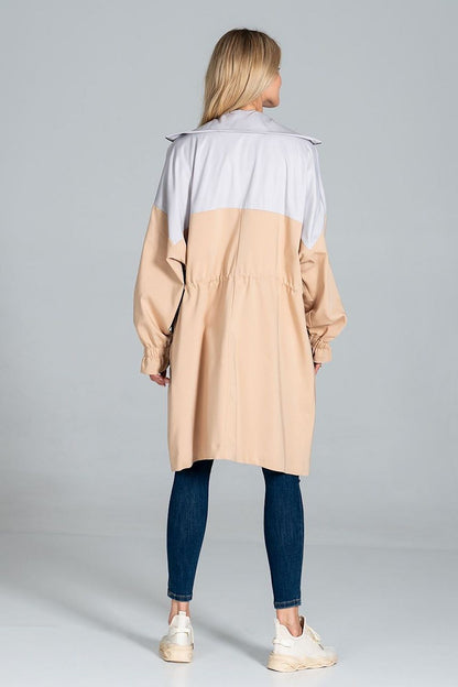 Back view of the Elegant Two-Coloured Autumn Parka Coat with Drawstring Waist and Zip Fastening by Figl, demonstrating the elegant cut and attention to detail, perfect for a fashionable autumn look.