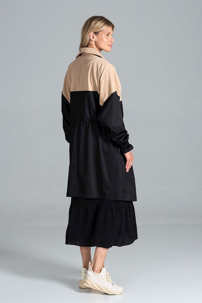 Elegant Two-Coloured Autumn Parka Coat with Drawstring Waist and Zip Fastening by Figl, featuring the back view on a model, emphasizing the stylish cut and relaxed silhouette.