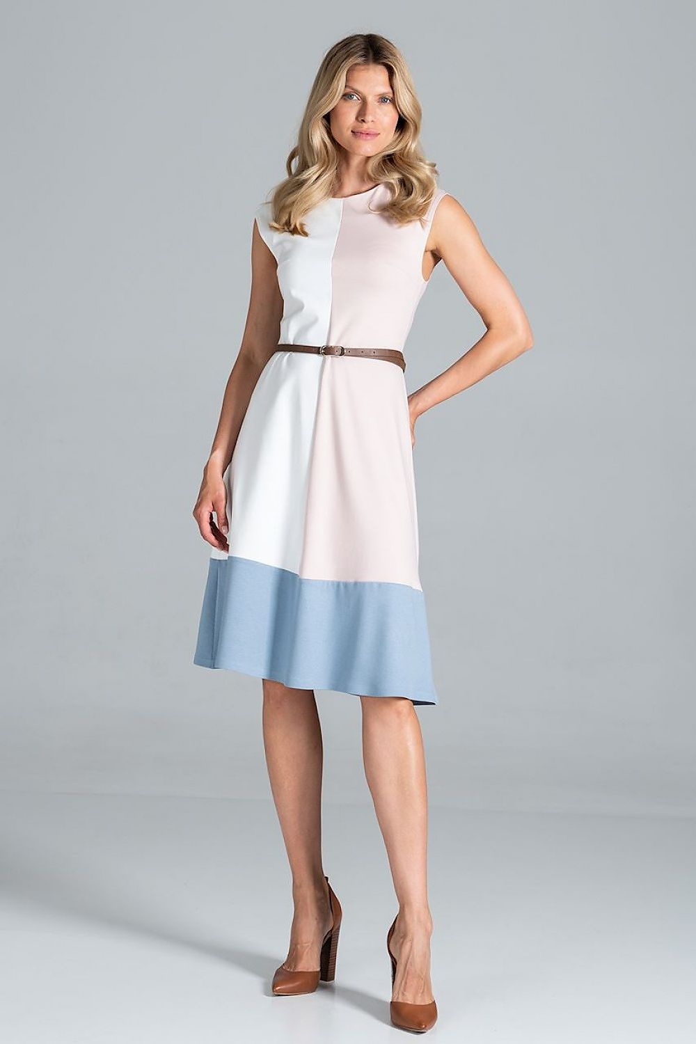 Elegant Tri-Colour Sleeveless Midi Dress by Figl - Slightly Waisted with Round Neckline. This dress features a flattering cut and is elegantly complemented by a chic belt, ideal for a refined, modern look.