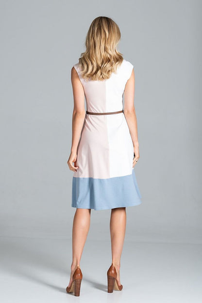 Elegant Tri-Colour Sleeveless Midi Dress by Figl showcasing a stylishly draped back view, featuring a slightly waisted silhouette and delicate blending of pastel hues.