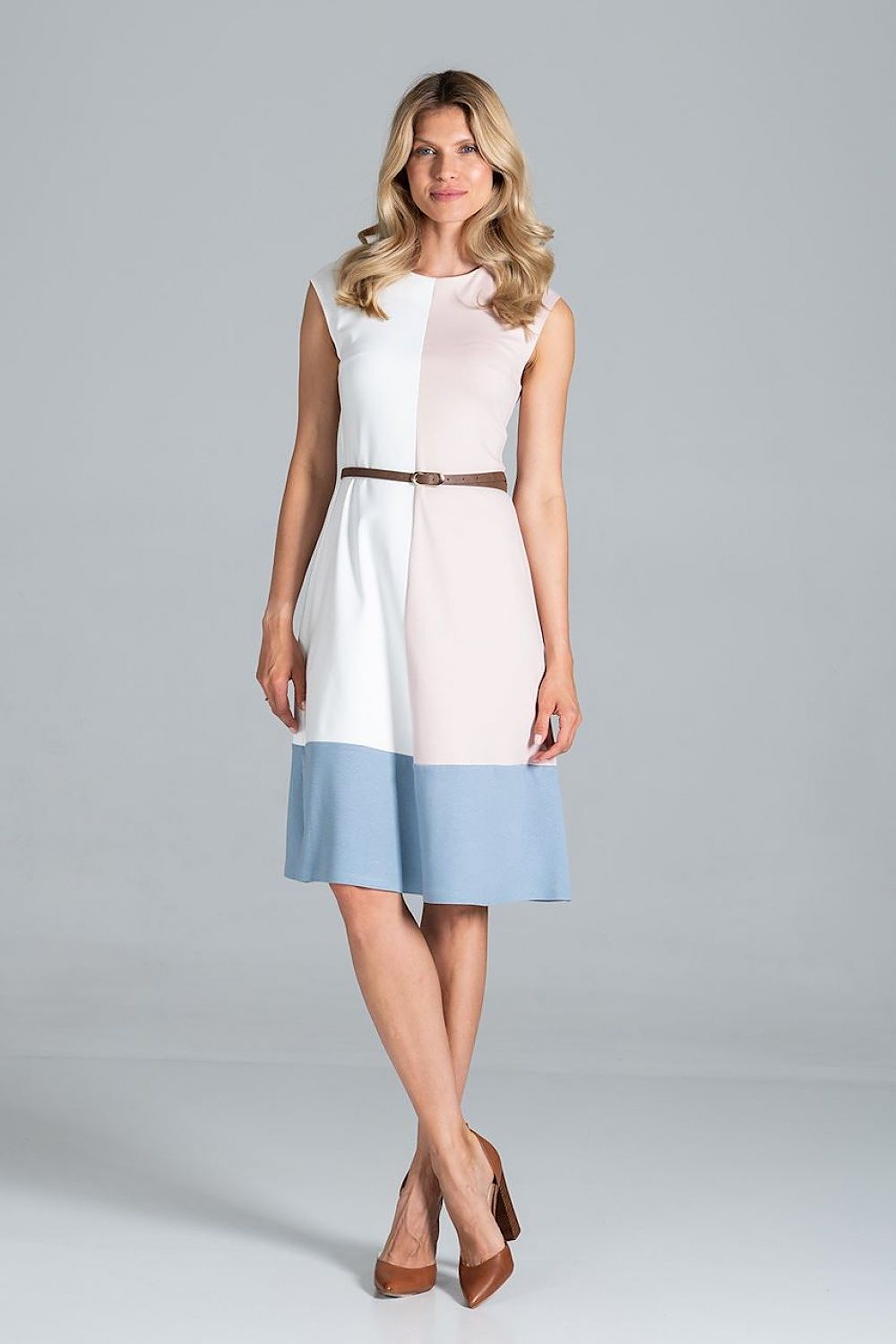 Elegant Tri-Colour Sleeveless Midi Dress by Figl presented in a captivating front view, accentuating its round neckline and perfectly tailored fit, enhanced with a chic belt.