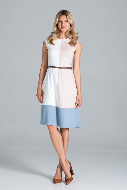 Elegant Tri-Colour Sleeveless Midi Dress by Figl presented in a captivating front view, accentuating its round neckline and perfectly tailored fit, enhanced with a chic belt.