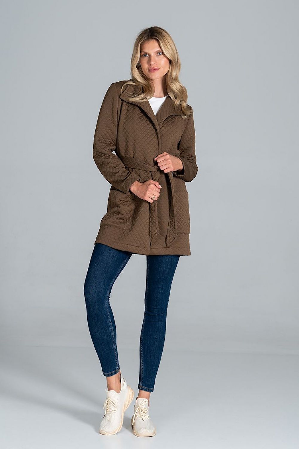 An elegant view of the Figl Short Quilted Coat With Belt And Collar, designed unlined with stylish front patch pockets, embodying luxury fashion.
