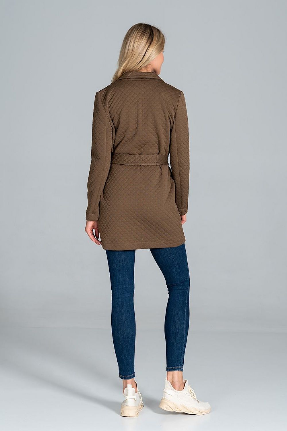 Back view of the Figl Short Quilted Coat With Belt And Collar, featuring an unlined structure, perfect for chic luxury outfits with front patch pockets.