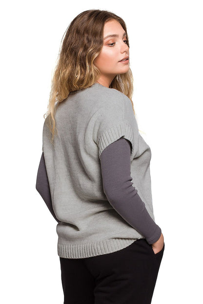Elegant BE Knit Sleeveless Knitwear Gilet for Stylish Business and Casual Outfits, depicted in a back view of a model in a light grey sleeveless knit top, highlighting its relaxed fit.