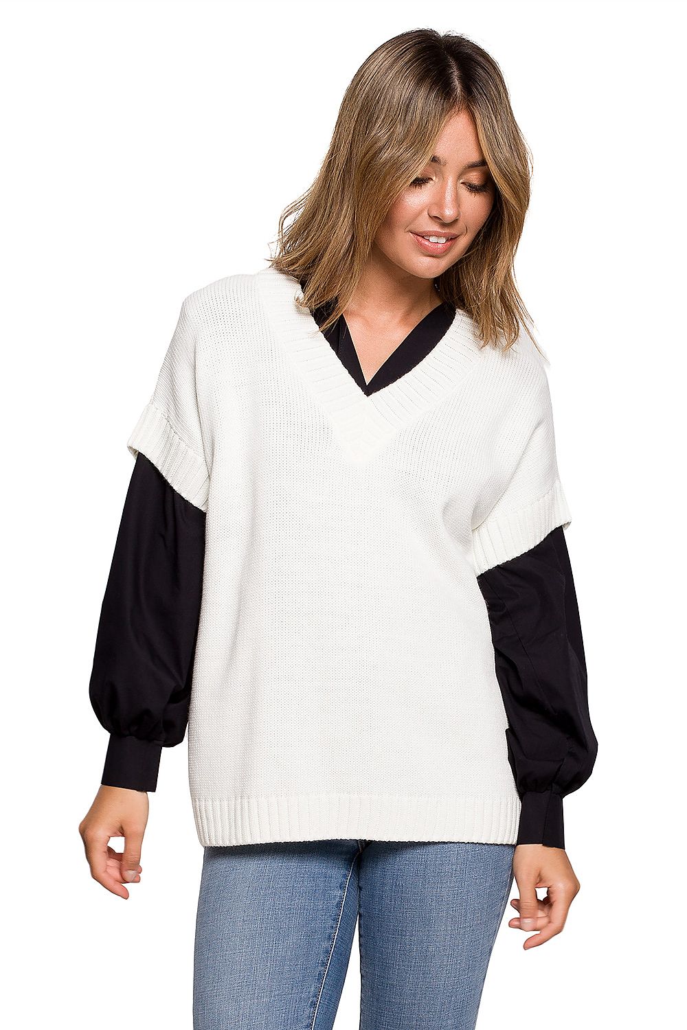 Elegant BE Knit Sleeveless Knitwear Gilet for Stylish Business and Casual Outfits, worn by a model showcasing a chic look with a white knit top layered over a black shirt and denim jeans.