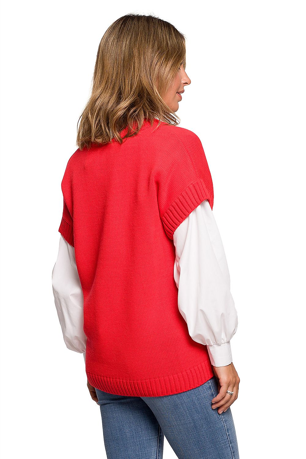 Elegant BE Knit Sleeveless Knitwear Gilet viewed from the back in red, highlighting its elegant construction and versatile design.