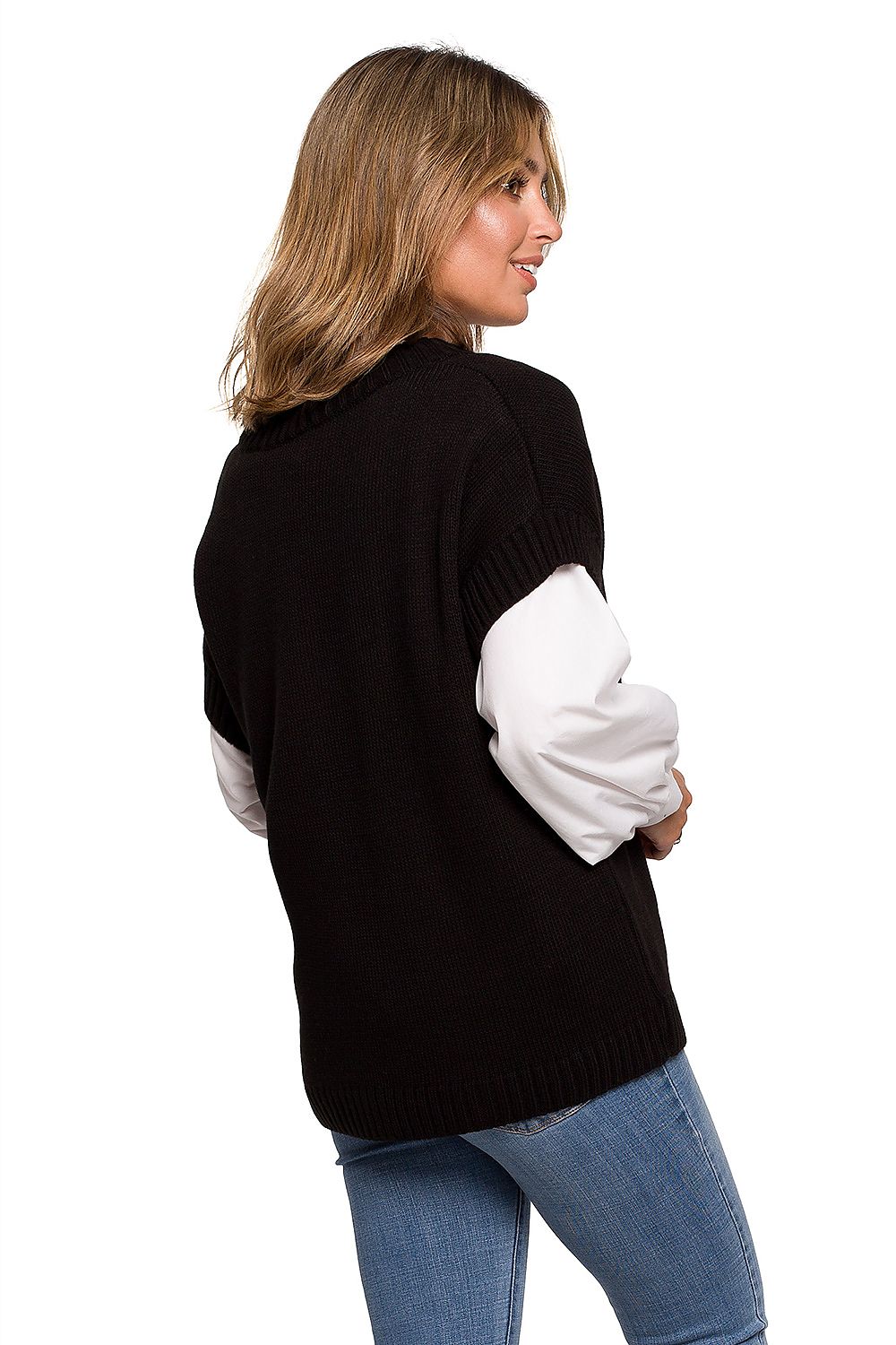 Back view of the Elegant BE Knit Sleeveless Knitwear Gilet, highlighting its luxurious knit texture, ideal for stylish business and casual ensembles.