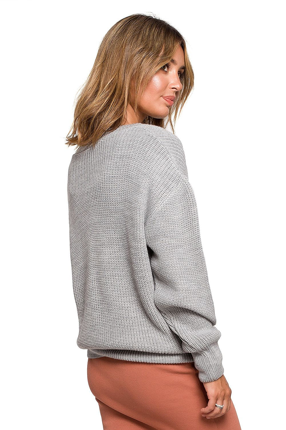 Luxurious Oversize V Neck Acrylic Knit Jumper for Women displayed on a model showcasing the back view, perfect for a stylish autumn wardrobe.