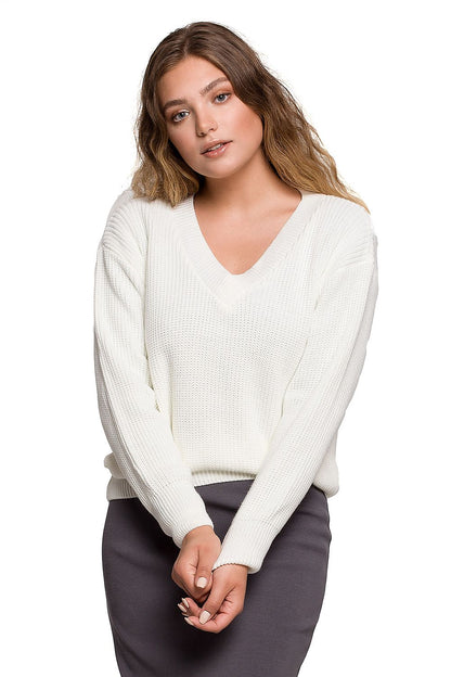 Luxurious Oversize V Neck Acrylic Knit Jumper for Women shown in classic white, featuring a stylish V neckline, ideal for an elegant autumn look.