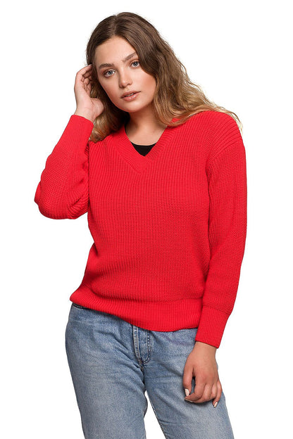 Luxurious Oversize V Neck Acrylic Knit Jumper for Women in vibrant red, perfect for adding a bold touch to your autumn wardrobe.