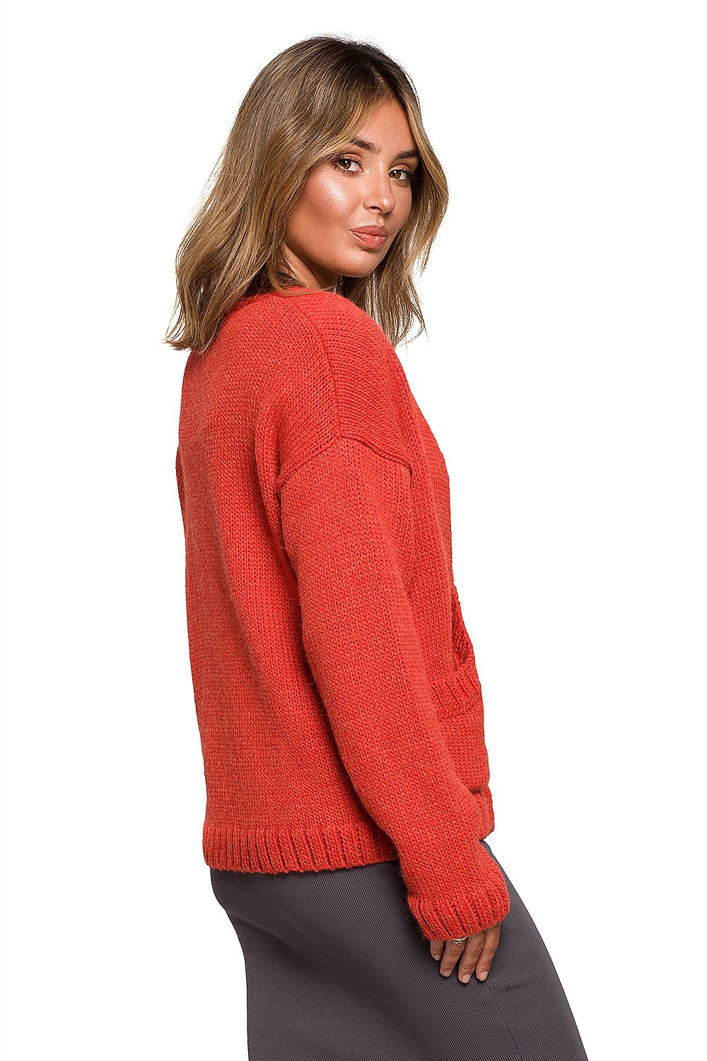Back view of the Elegant BE Knit Short Cardigan with Button Front and Pockets in red, emphasizing its stylish and cozy design suitable for autumn.