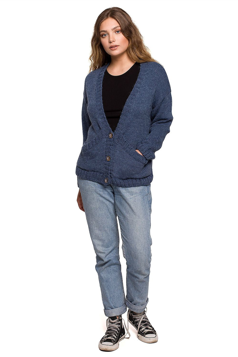 Full view of the Elegant BE Knit Short Cardigan with Button Front and Pockets in blue, displayed with relaxed denim for a chic autumn look.