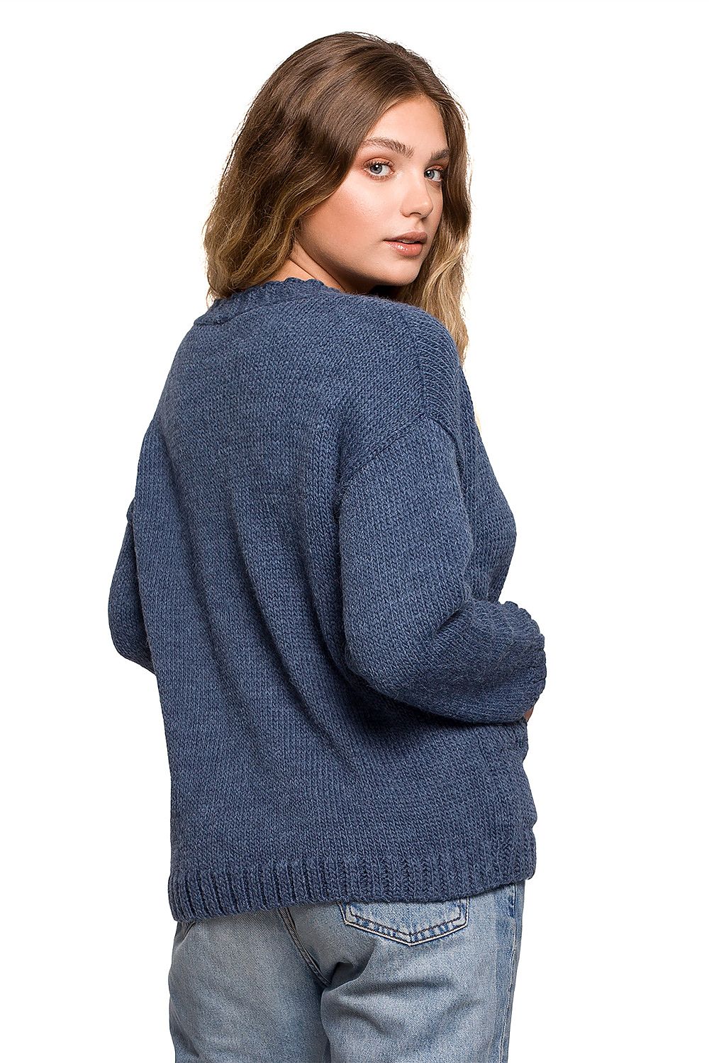 Elegant BE Knit Short Cardigan with Button Front and Pockets, showcasing a model wearing a navy blue cardigan from the back, ideal for stylish autumn outfits.