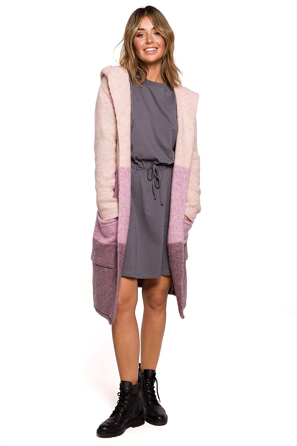 Luxurious Hooded Cardigan by BE Knit - Stylish unbuttoned design showcasing a soft pink gradient, ideal for adding elegance to any wardrobe while providing warmth.