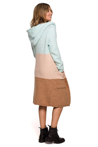 Luxurious Hooded Cardigan by BE Knit - Stylish unbuttoned design featuring earthy tones with a hood, embodying both comfort and luxury for everyday elegance.