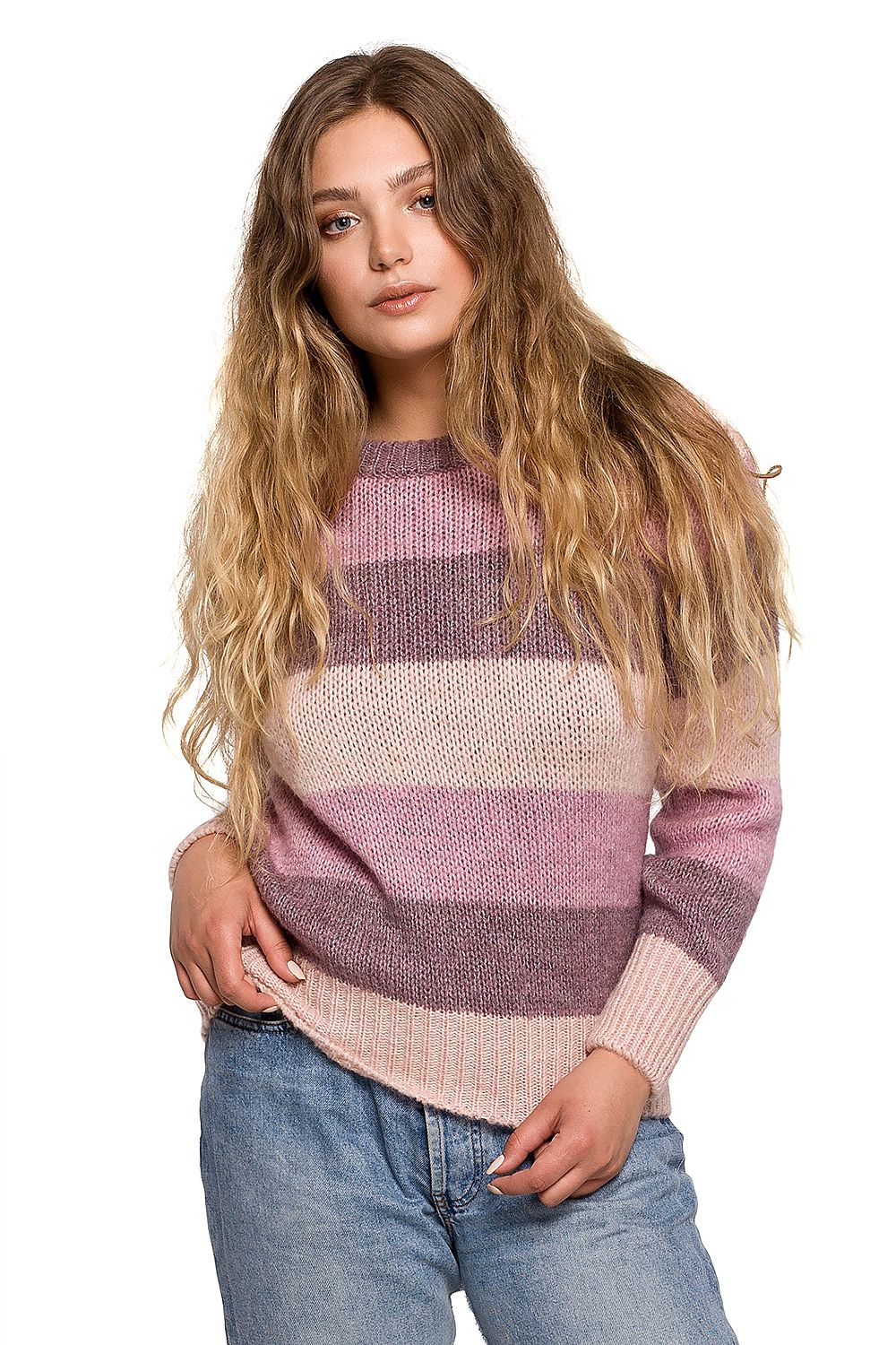 Luxurious BE Knit Jumper - stylish autumn and winter sweater featuring a model showcasing pink and purple stripes, made from a soft Polyacrylic blend for ultimate comfort.