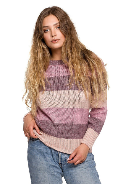 Luxurious BE Knit Jumper - stylish autumn and winter sweater featuring a model showcasing pink and purple stripes, made from a soft Polyacrylic blend for ultimate comfort.
