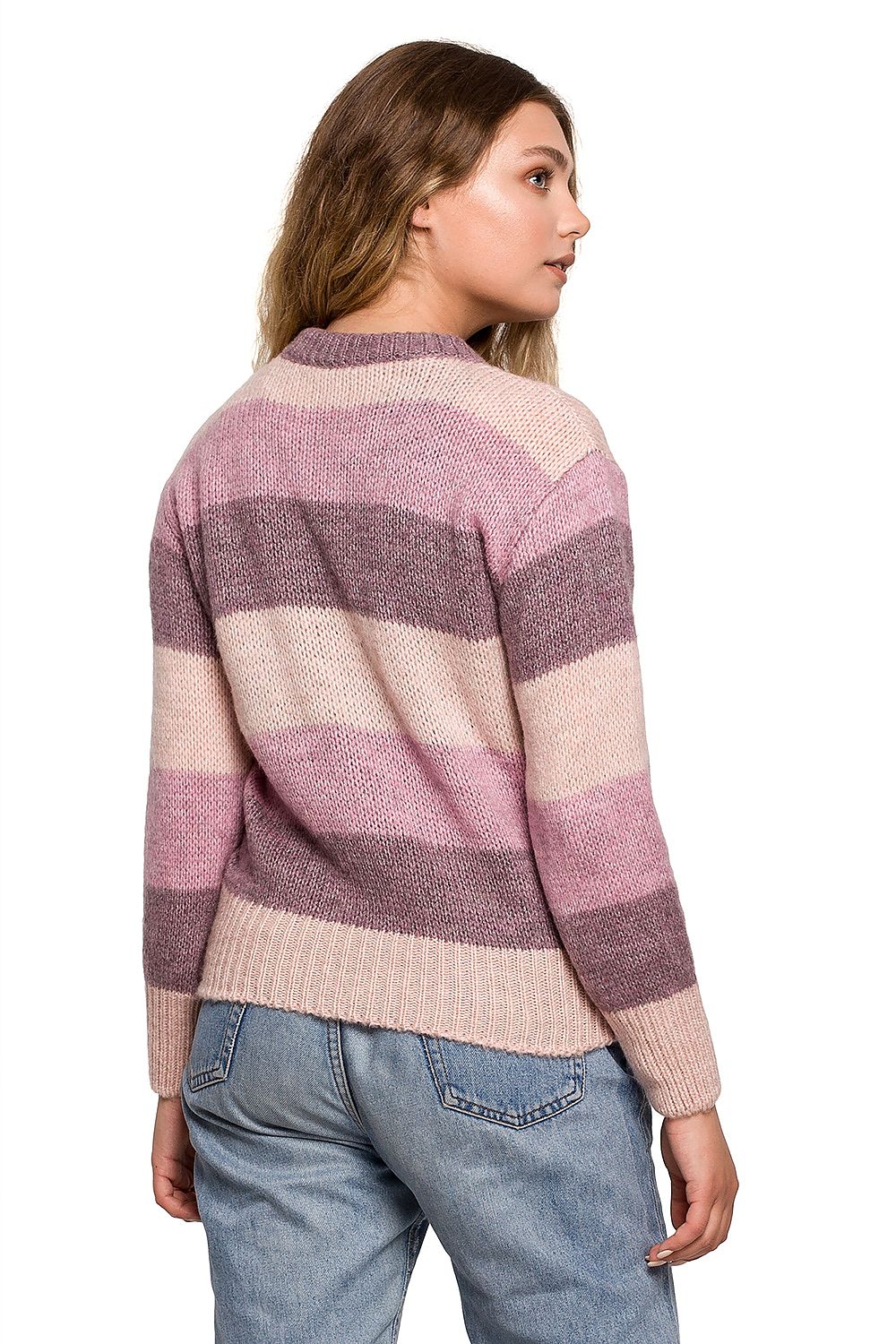 Luxurious BE Knit Jumper - back view of a model in a fashionable striped sweater, highlighting the stylish design in soft colours, ideal for comfortable autumn and winter wear.