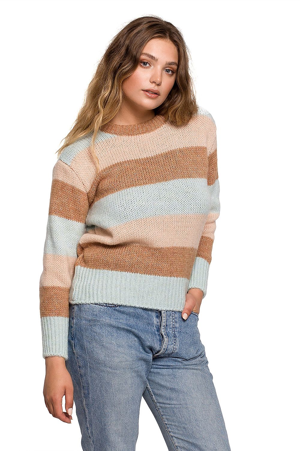Luxurious BE Knit Jumper in pastel colours, featuring a stylish striped design, complemented with denim jeans, perfect for autumn and winter elegance.