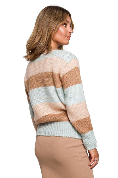 Back view of the Luxurious BE Knit Jumper highlighting its chic striped design, perfect for sophisticated autumn and winter outfits.