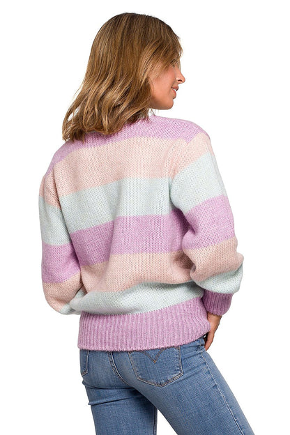 Luxurious BE Knit Jumper featuring a stylish pastel striped design in soft hues, perfect for autumn and winter. This comfortable sweater provides a chic look, ideal for daily wear.