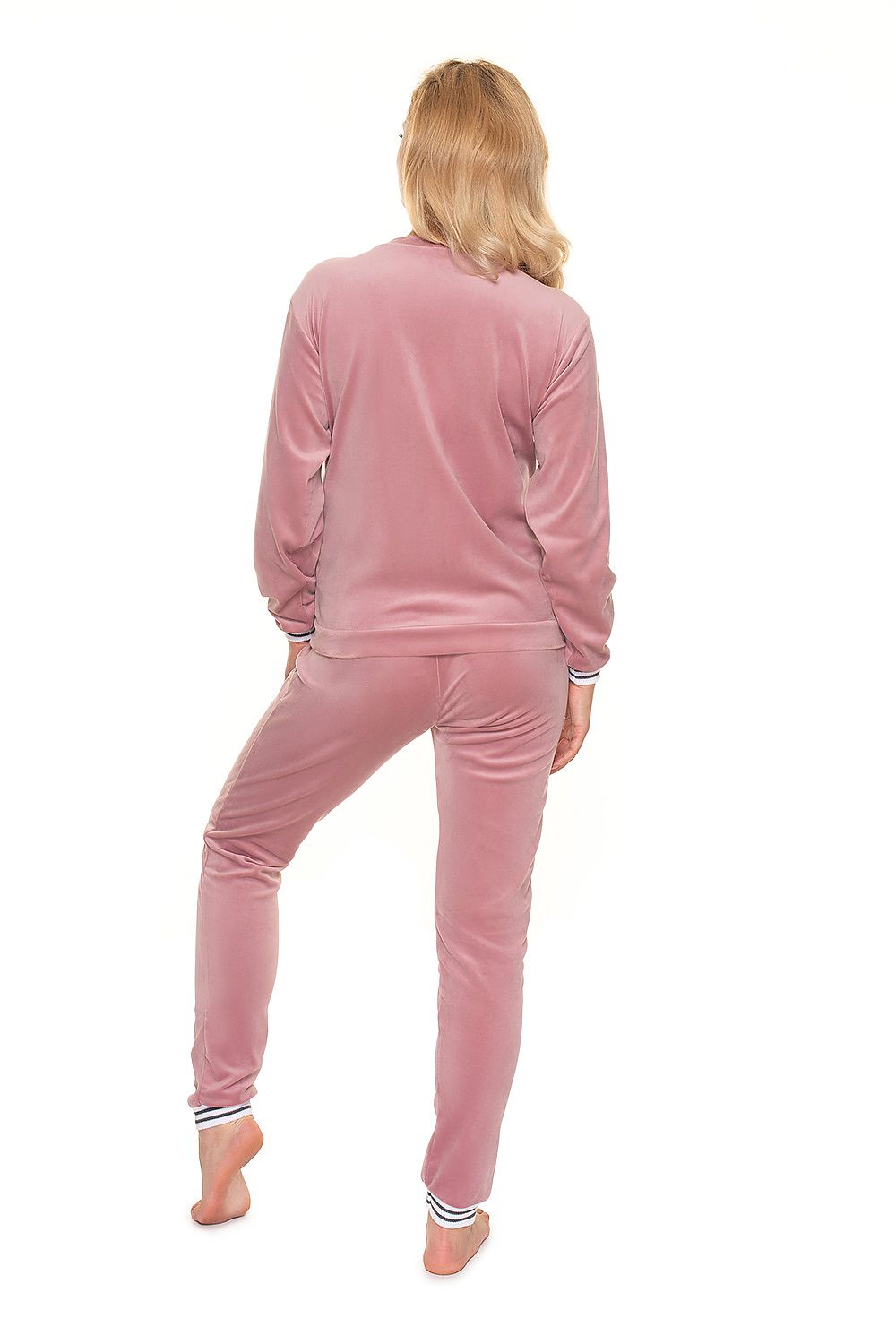 Luxurious PeeKaBoo Velour Tracksuit Set in pink, displaying the back view on a model, emphasising the elegant piping details.