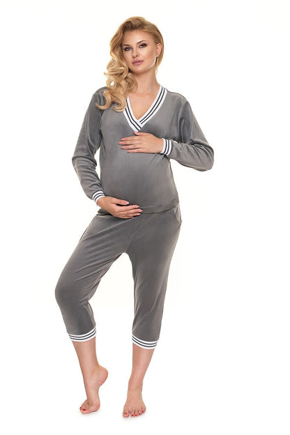 Luxury PeeKaBoo Velour Tracksuit Set with Contrasting Piping - 3/4 Length Trousers, model displaying a chic grey ensemble, perfect for comfortable luxury during pregnancy.
