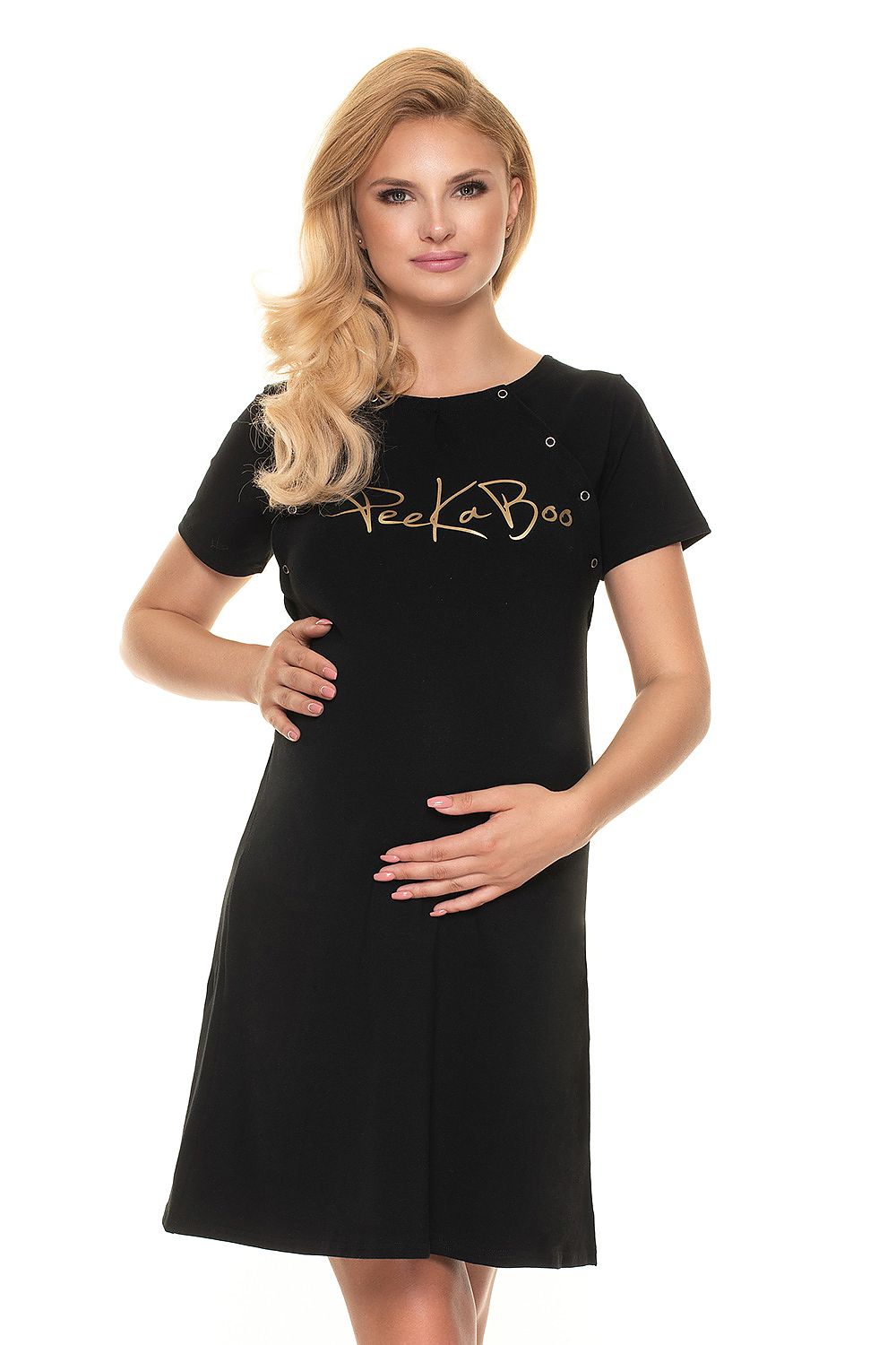 Luxury Maternity Nightshirt by PeeKaBoo worn by a pregnant model, showcasing the elegant gold logo and comfortable short sleeves, perfect for nursing.
