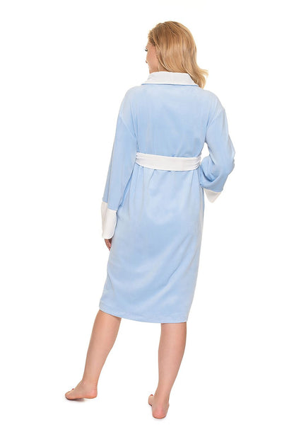 Luxurious Soft Velour Bathrobe with Belt and Long Sleeves by PeeKaBoo, presenting a back view of the model in a soft blue bathrobe, accentuated with white details for a chic and luxurious look.