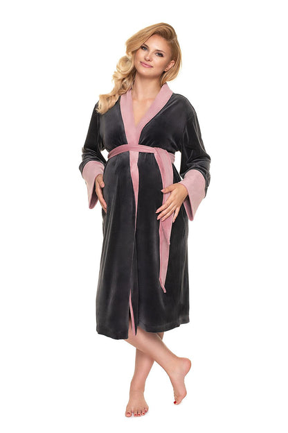 Luxurious Soft Velour Bathrobe with Belt and Long Sleeves - PeeKaBoo, front view of a model in a black and pink velour bathrobe, ideal for stylish relaxation.