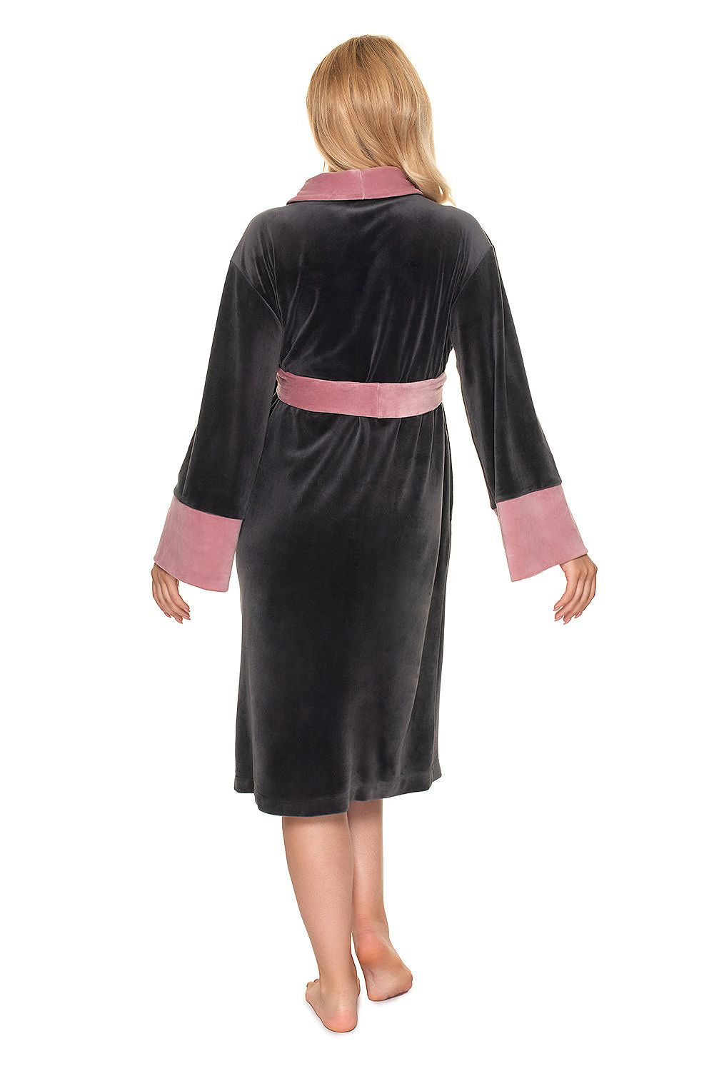 Luxurious Soft Velour Bathrobe with Belt and Long Sleeves - PeeKaBoo, back view of a model in a black velour bathrobe with contrasting pink sleeves, epitomising elegance.