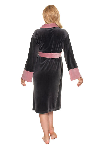 Luxurious Soft Velour Bathrobe with Belt and Long Sleeves - PeeKaBoo, back view of a model in a black velour bathrobe with contrasting pink sleeves, epitomising elegance.