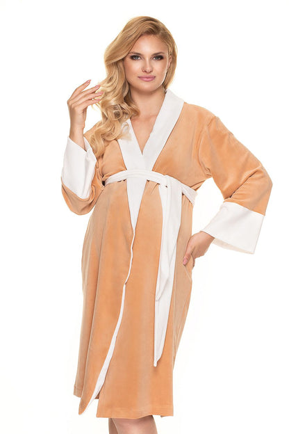 Luxurious Soft Velour Bathrobe with Belt and Long Sleeves - PeeKaBoo, model wearing a sandy-coloured bathrobe with white accents, perfect for chic maternity comfort.