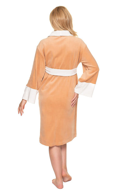 Luxurious Soft Velour Bathrobe with Belt and Long Sleeves from PeeKaBoo, showcasing a beautiful model wearing the elegant robe from the back, featuring a stylish collar and long sleeves in a sophisticated peach hue.