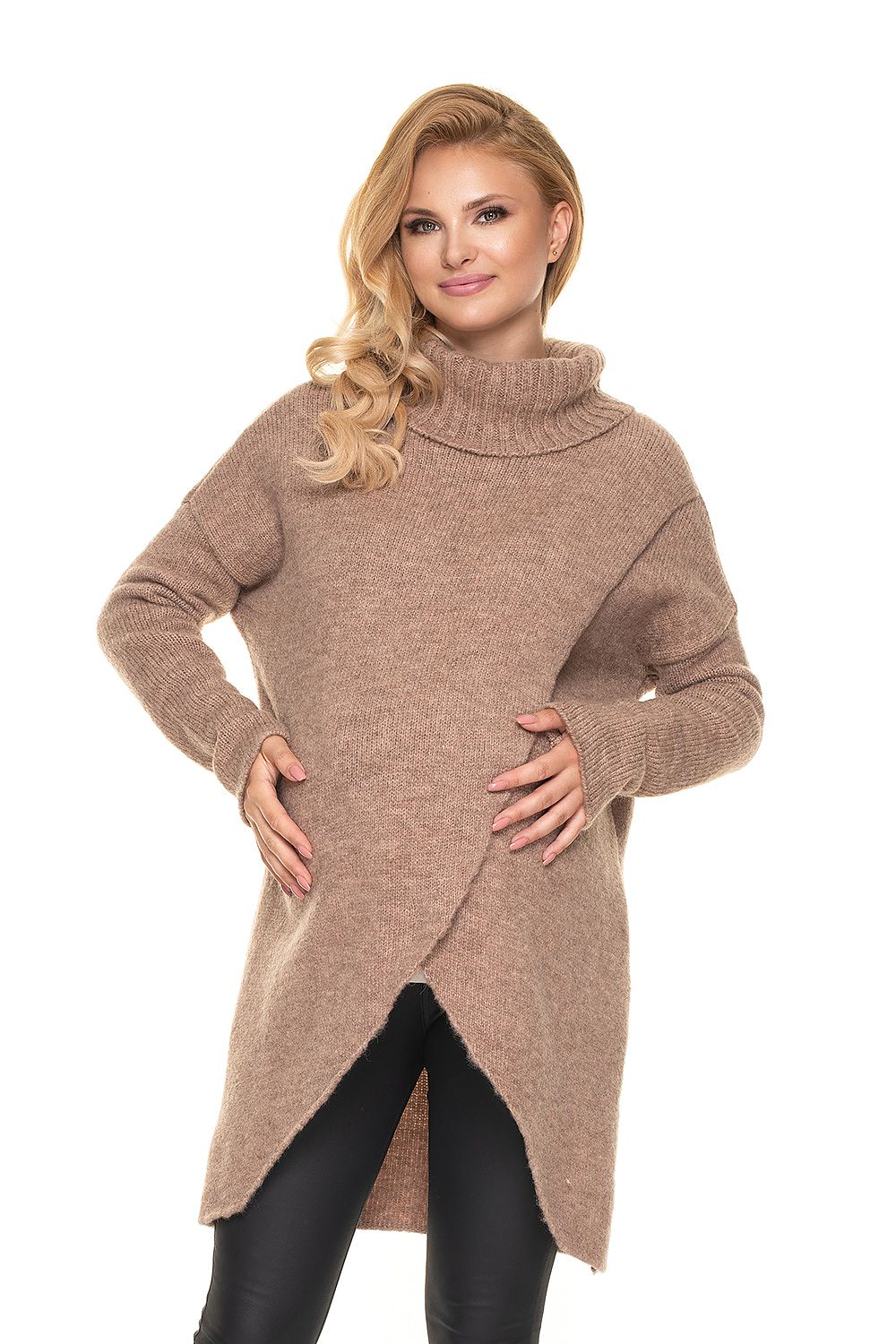 Luxurious Wool Blend Pregnancy Sweater with Turtleneck - PeeKaBoo Asymmetrical Design, featuring a stylish model cradling her baby bump, showcasing the soft and fluffy fabric in a elegant neutral tone.