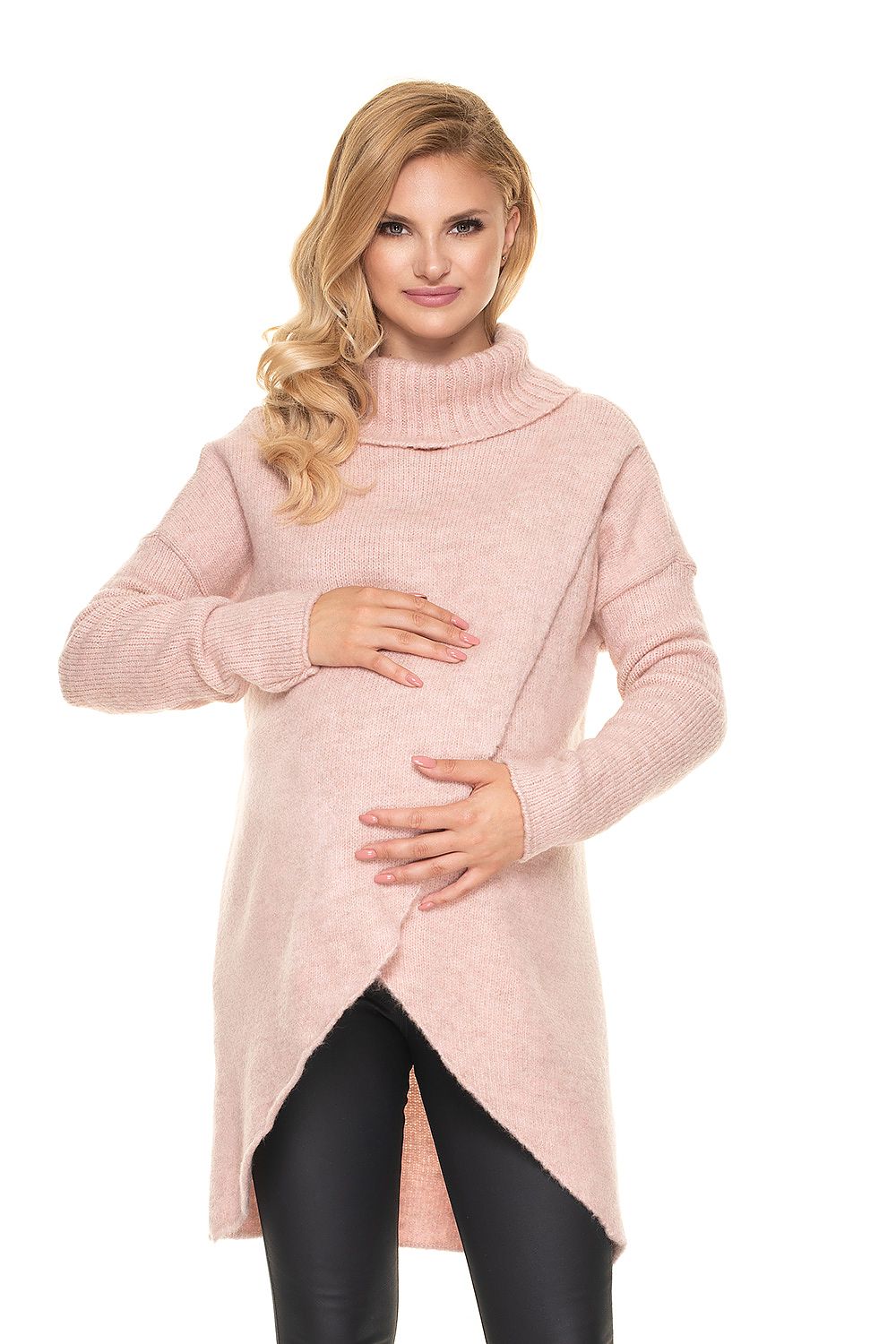Luxurious Wool Blend Pregnancy Sweater with Turtleneck - PeeKaBoo Asymmetrical Design, featuring a model in a beautiful pink variant, radiating elegance while gently holding her pregnant belly.