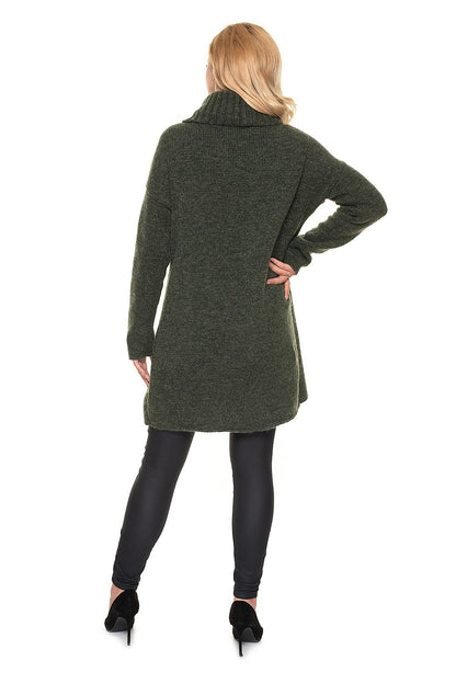 Back view of the Luxurious Wool Blend Pregnancy Sweater with Turtleneck in an appealing green hue, demonstrating its flattering design suitable for nursing.