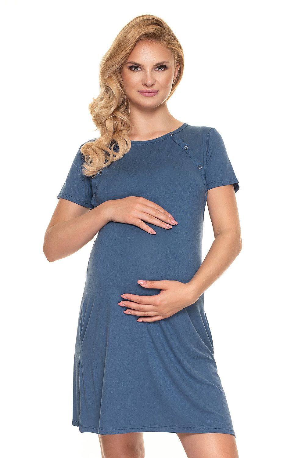 Luxurious PeeKaBoo Maternity Nightshirt for Easy Breastfeeding | Post-Pregnancy Comfort, featuring a pregnant model with wavy hair, showcasing the elegant blue nightshirt with buttons for easy breastfeeding.