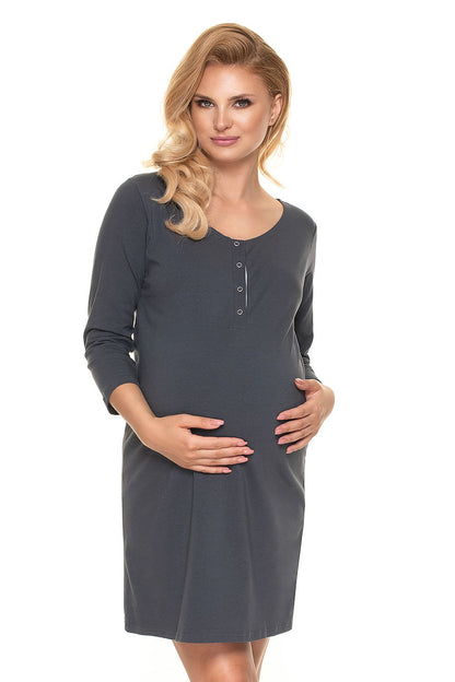 Beautiful pregnant model wearing the grey PeeKaBoo Comfortable Cotton Nightshirt for Pregnancy and Breastfeeding, emphasizing comfort and elegance.