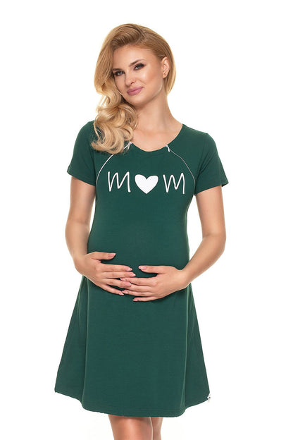 Luxury Maternity Nightshirt with Nursing Function - Cotton Spandex Comfort, featuring a pregnant woman in a stylish green nightgown with 'MOM' print.
