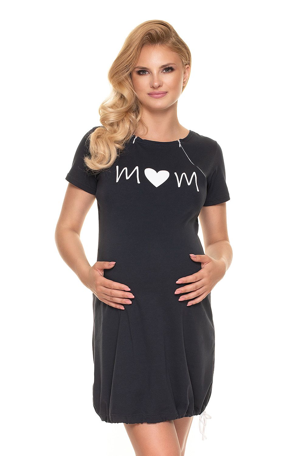 Luxury Maternity Nightshirt With Nursing Function - Cotton Spandex Comfort, featuring a stylish black nightgown with 'MOM' print, perfect for nursing.